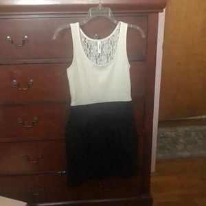 Xhilaration size S. Cute ivory lace top black twill  dress with pockets! EUC
